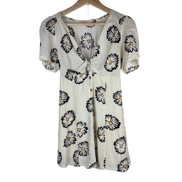 Urban Outfitters Bettie XS Cream Black Daisy Twist V-Neck Mini Dress - Picture 1 of 9